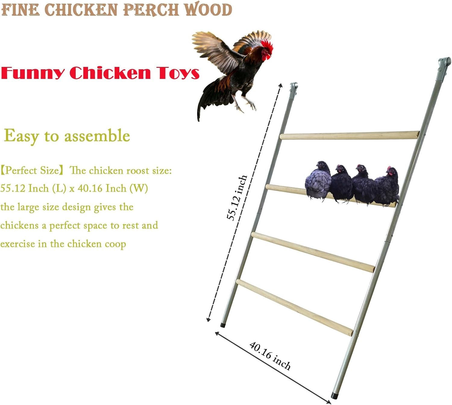 Chicken Perch Set for Chicken Coop, Chicken Roosting Ladder Sturdy and Easy Assembly Galvanized and Log Material, Chicken Roost Perfect for Backyard Poultry Funny Chicken Toys (40" W x 55" H)