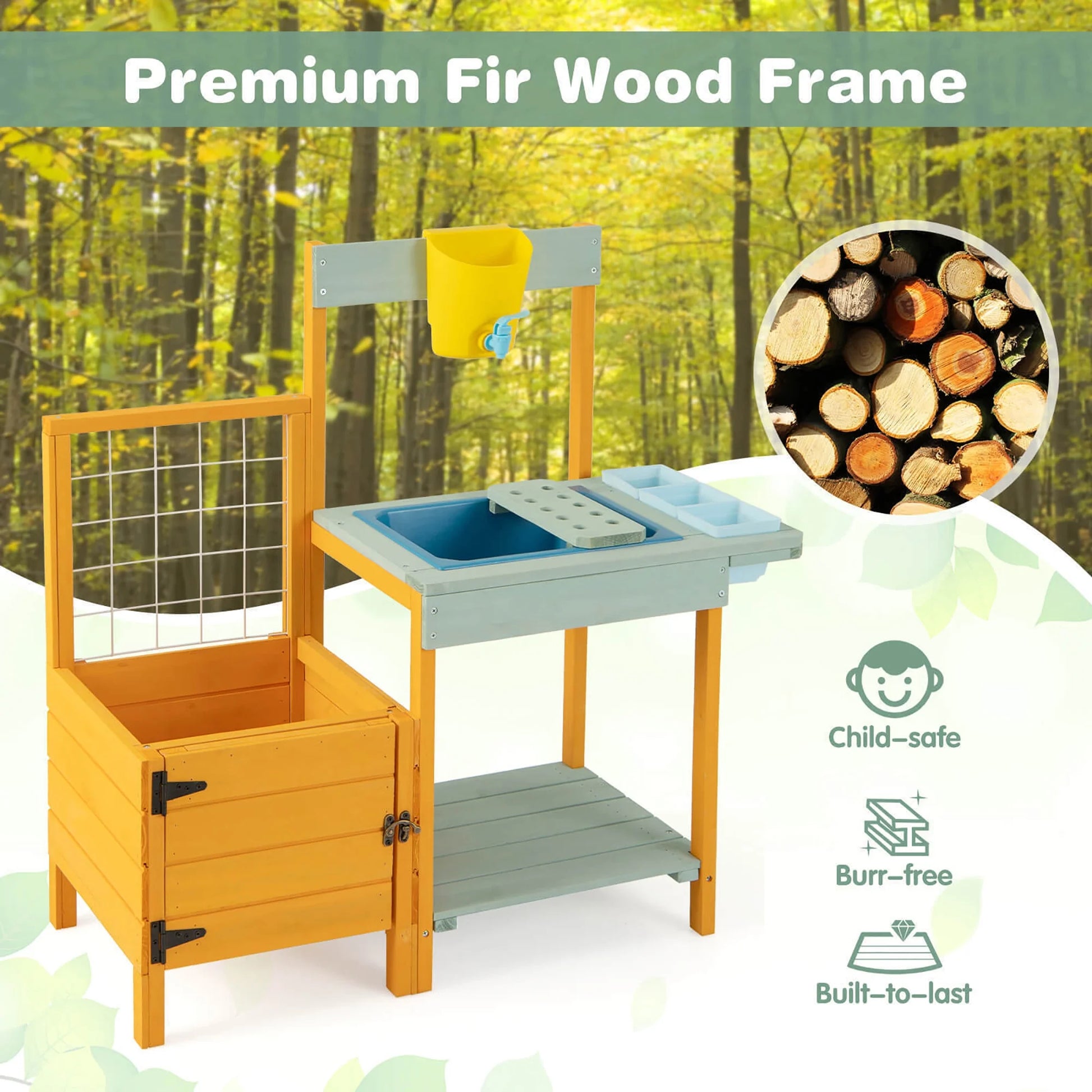 Wooden Potting Bench for Kids w/ See-Through Window Planter Box Garden Trellis