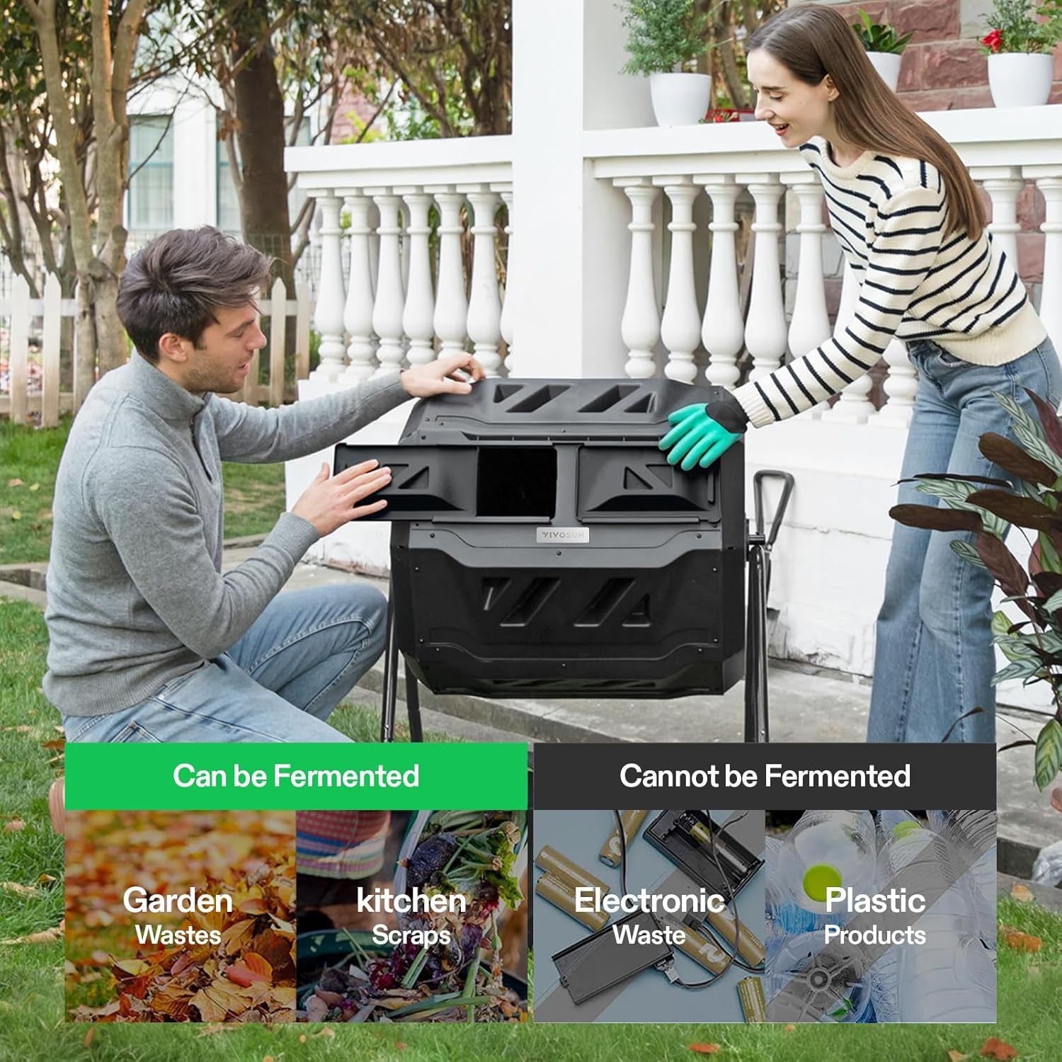 Outdoor Tumbling Composter Dual Rotating Batch Compost Bin, 43 Gallon Black Door