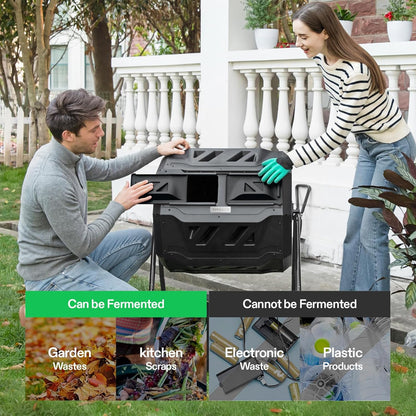 Outdoor Tumbling Composter Dual Rotating Batch Compost Bin, 43 Gallon Black Door