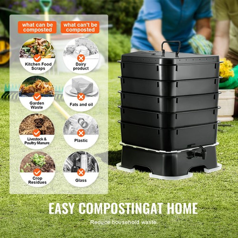 5-Tray Worm Composter 44 QT/50 L Worm Compost Bin Indoor and Outdoor