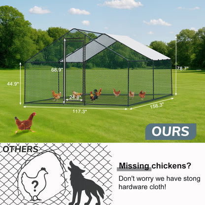 Metal Chicken Coop 6.5/10/13/20 FT Large Walk-in Hen Cage House with Cover Roof