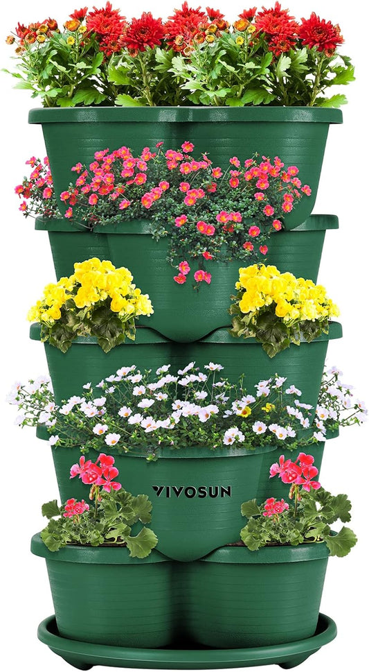 5 Tier Vertical Gardening Stackable Planter for Strawberries, Flowers, Herbs, Vegetables, Dark Green