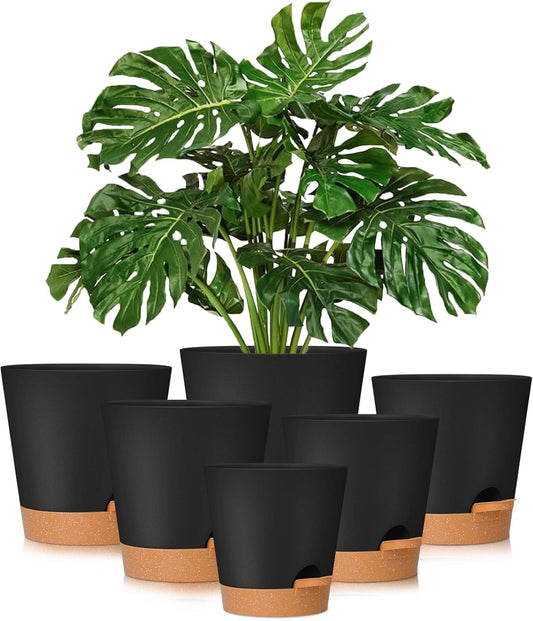 Plant Pots 8/7/6.5/6/5.5/5 Inch Self Watering Planters with Drainage Hole, Plastic Flower Pots, Nursery Planting Pot for All House Plants, African Violet, Flowers, and Cactus,Black