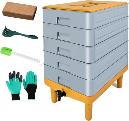 5-Tray Worm Composter,100L Large Compost Bin for Vermicomposting Starter, Indoor & Outdoor Worm Farm Composting Bin, Worms Compost Bin for Recycling Food Waste