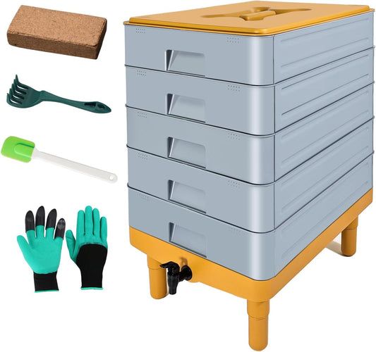 5-Tray Worm Composter,100L Large Compost Bin for Vermicomposting Starter, Indoor & Outdoor Worm Farm Composting Bin, Worms Compost Bin for Recycling Food Waste