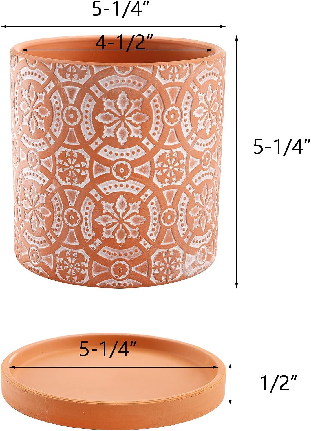 2 Pack Terracotta Plant Pot, 5'' Red Clay Planter Pot with Boho Flower Pattern, Ceramic Cactus Flower Planter Succulent Pot with Drainage Hole and Saucer for Indoor Outdoor Plant