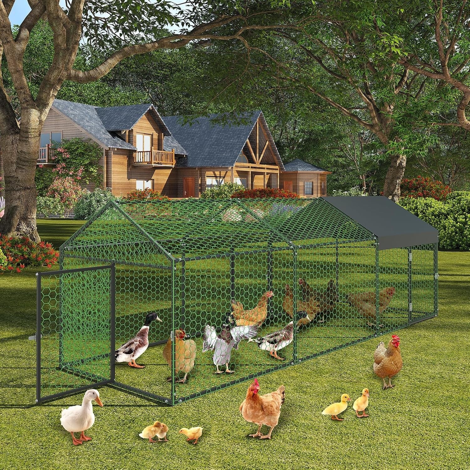 Metal Chicken Coop Walk In Chicken Run Outdoor Hen House Habitat Cage W/ Cover