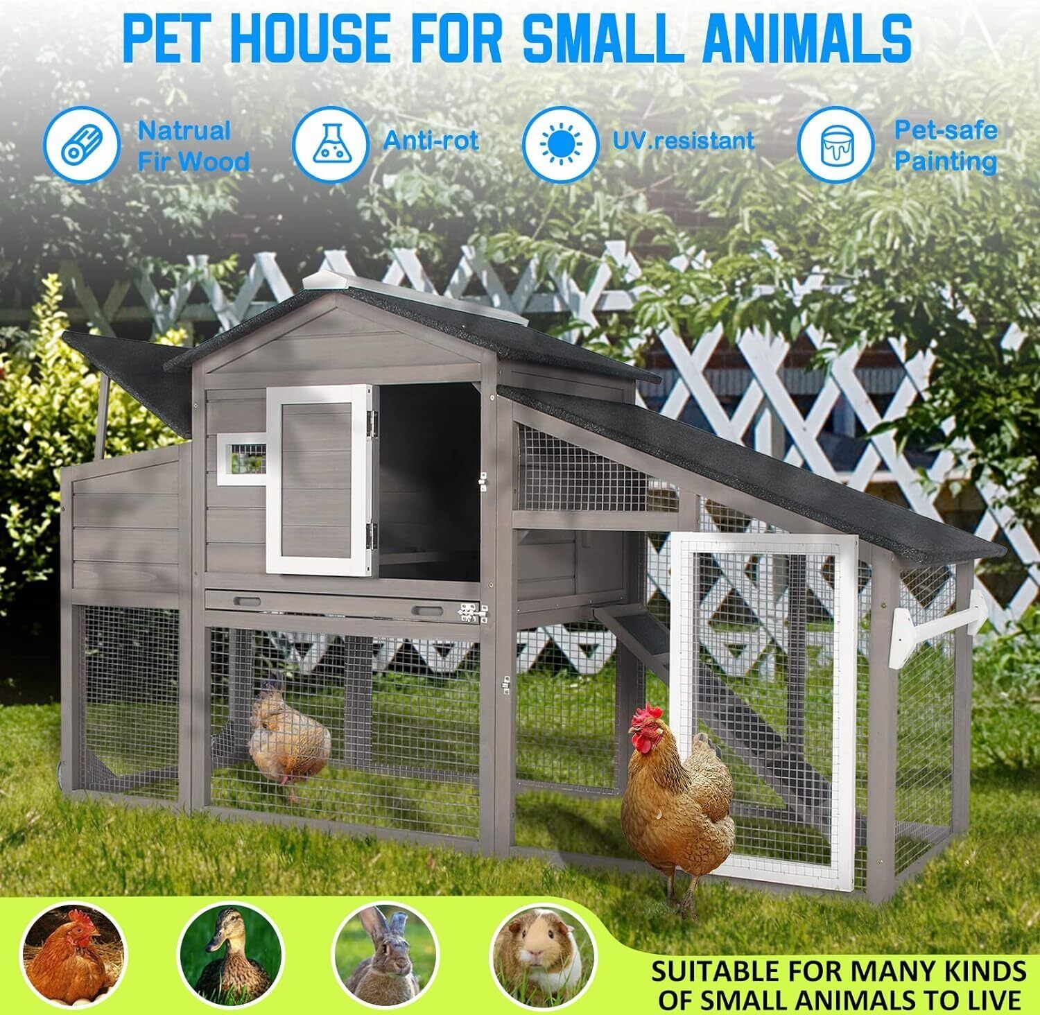 PetsCosset Chicken Coop Wooden Backyard Hen House with Run Nesting Box & Trays