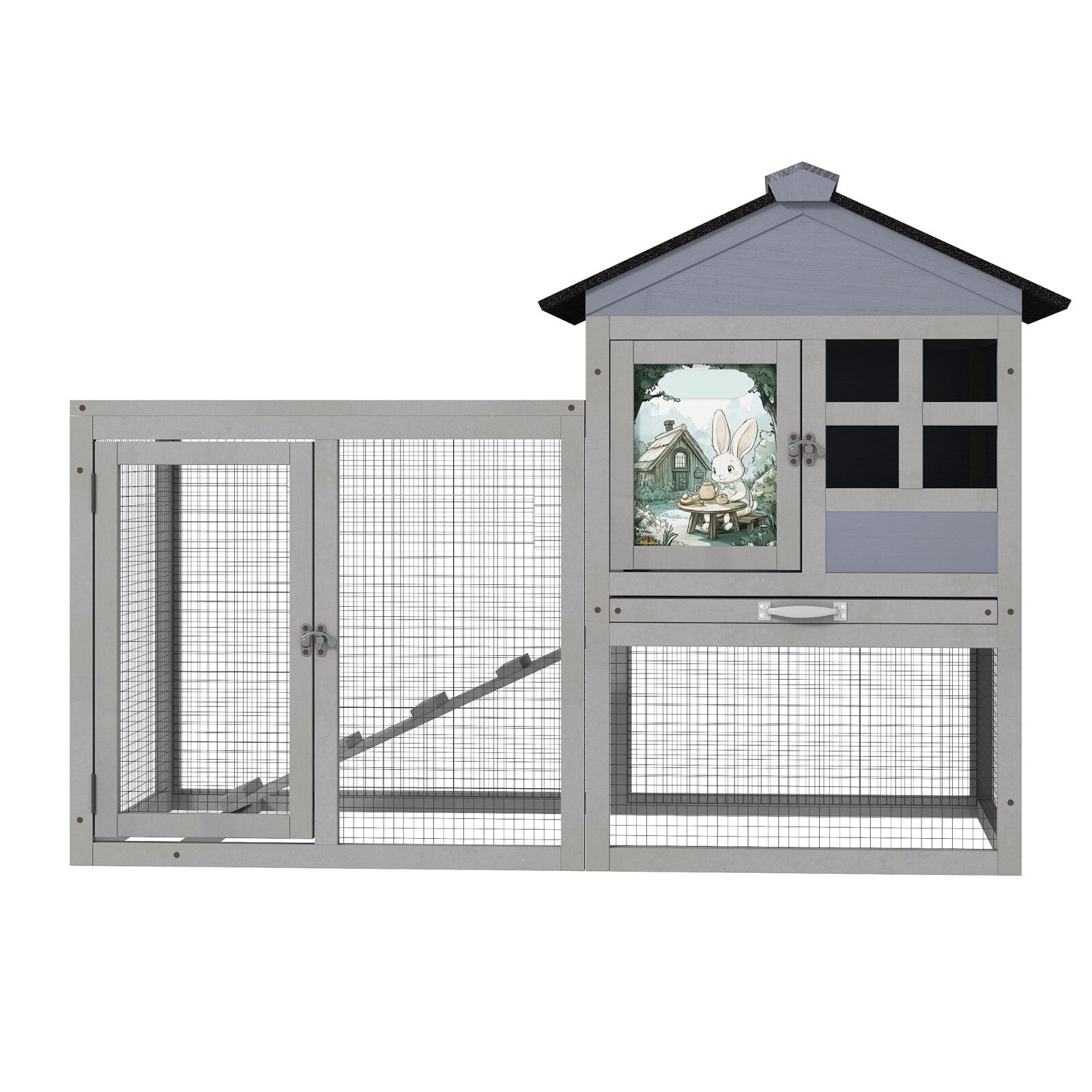 48"L Wooden Rabbit Hutch Large Chicken Coop W/ Removable Tray&Roof In/Outdoor