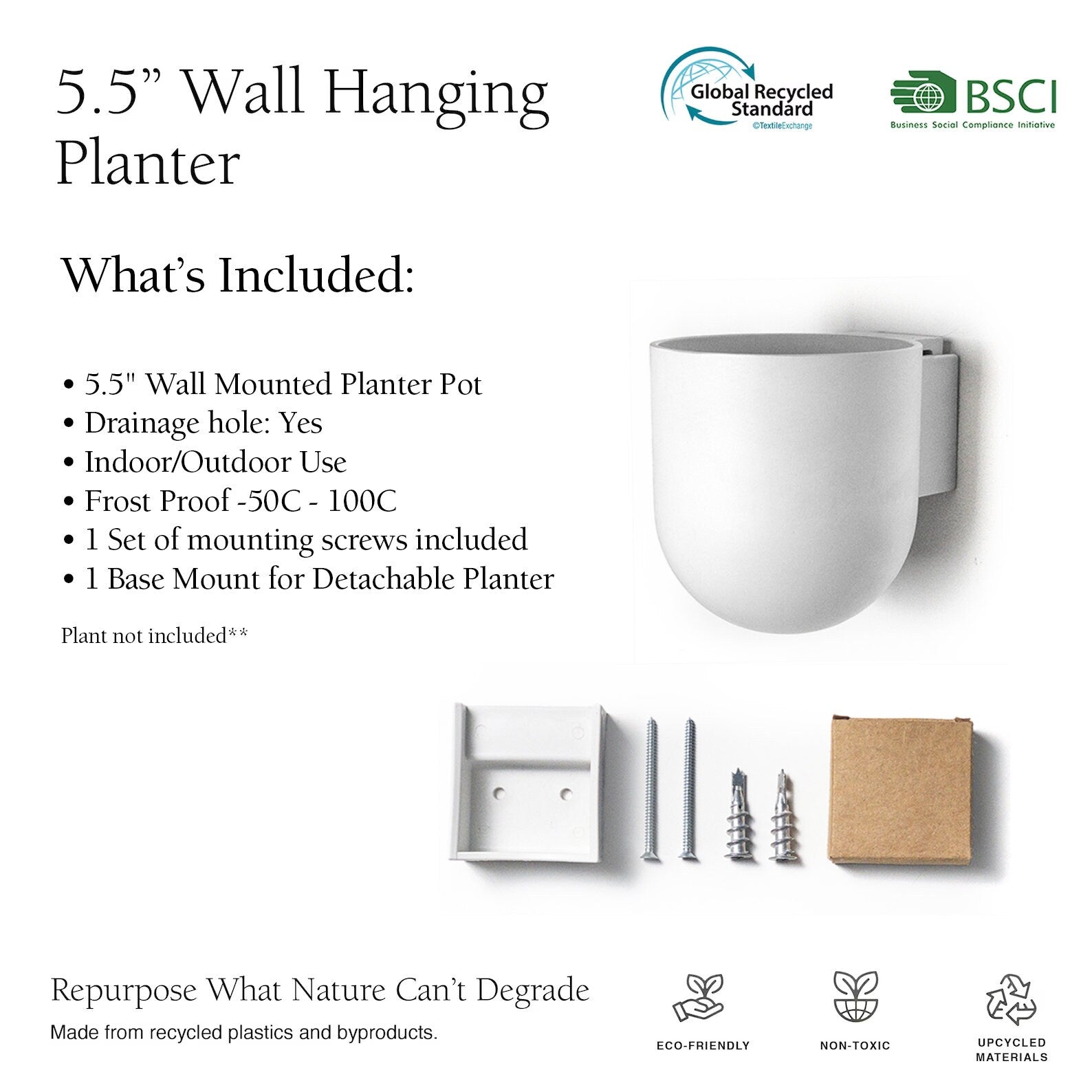 5.5" Wall Mounted Planter Pot | Mid-Century Wall Planter | Minimalist Indoor Wall Planter | Hanging Planter Pots | Upcycled Wall Planter Pot