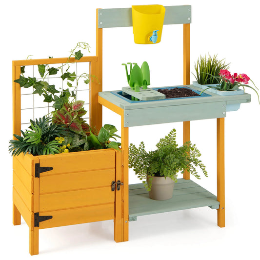 Wooden Potting Bench for Kids w/ See-Through Window Planter Box Garden Trellis