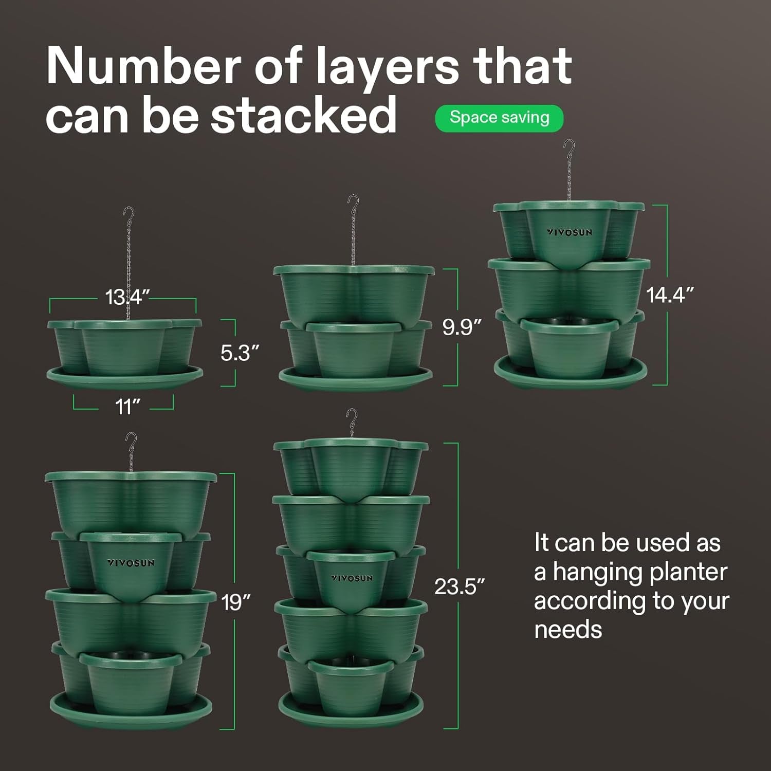 5 Tier Vertical Gardening Stackable Planter for Strawberries, Flowers, Herbs, Vegetables, Dark Green