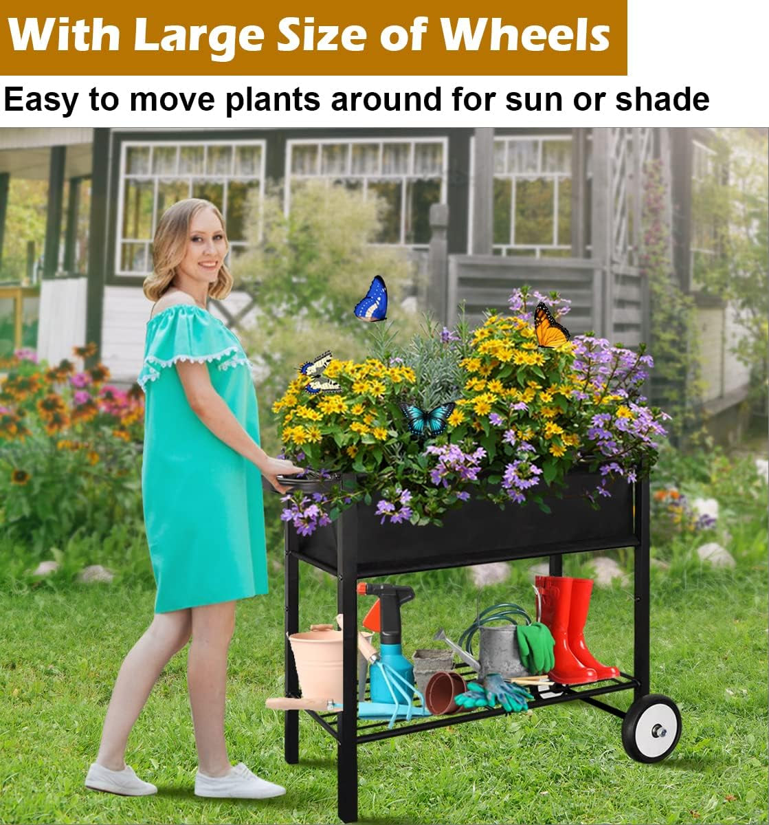 Outdoor Raised Planter Bed Box with Legs for Gardening, Elevated DIY Garden Cart on Wheels for Vegetables Flower Tomato Herb Plant, Black