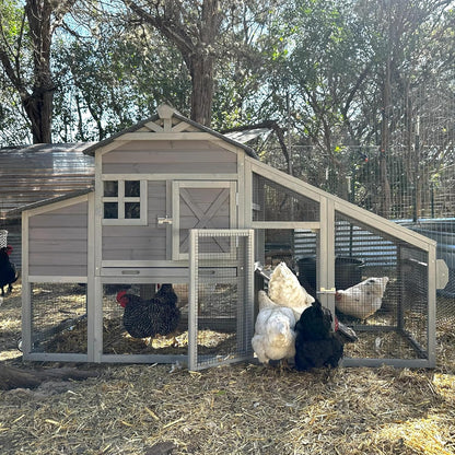 Chicken Coop Mobile Chicken House on Wheels Expandable Wooden Poultry Cage with Large Nesting Box Leakproof Pull-Out Tray Rabbit Hutch Bunny Cage,UV-Resistant Roof，Grey