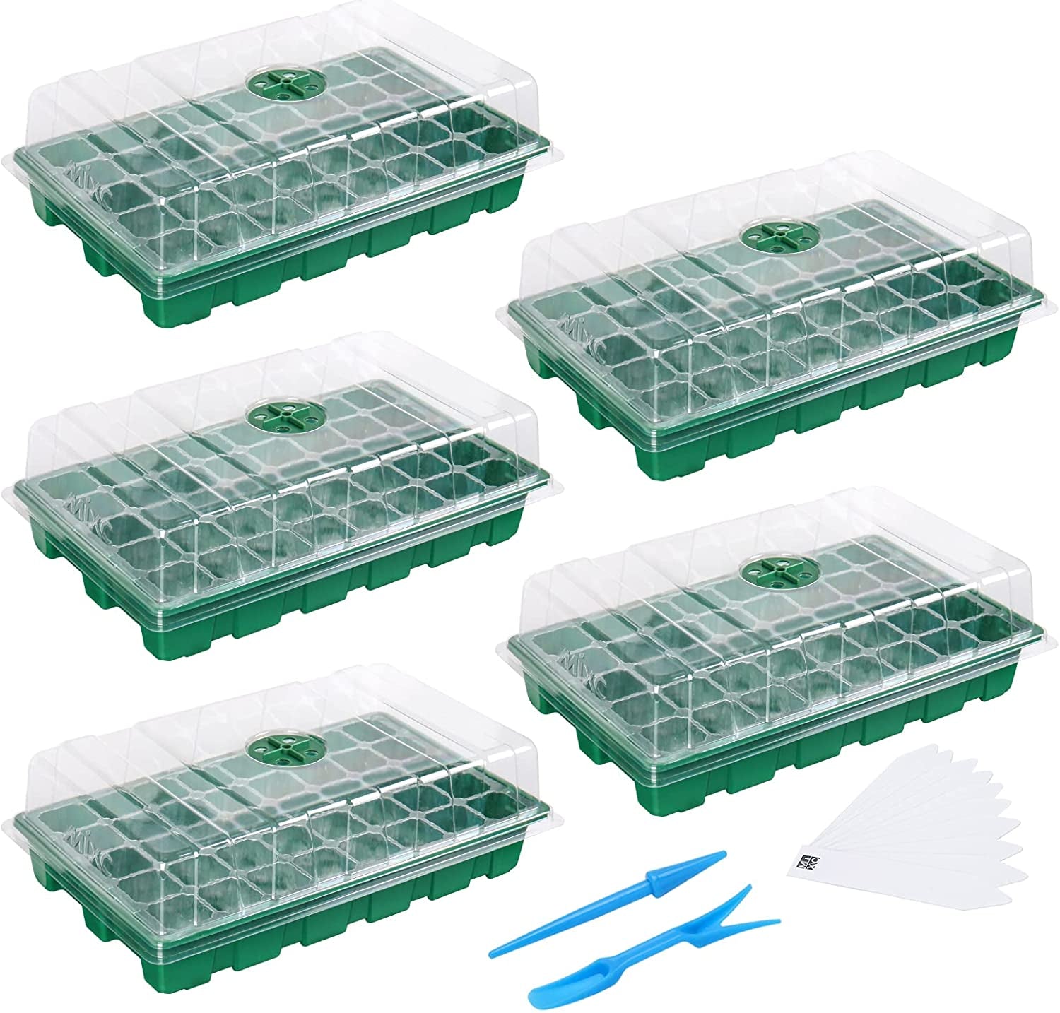 Seedling Trays Seed Starter Tray, 5-Pack Mini Propagator Plant Greenhouse Grow Kit with Humidity Vented Domes and Base for Seeds' Starting (40 Cells Per Tray, Total 200 Cells), Green