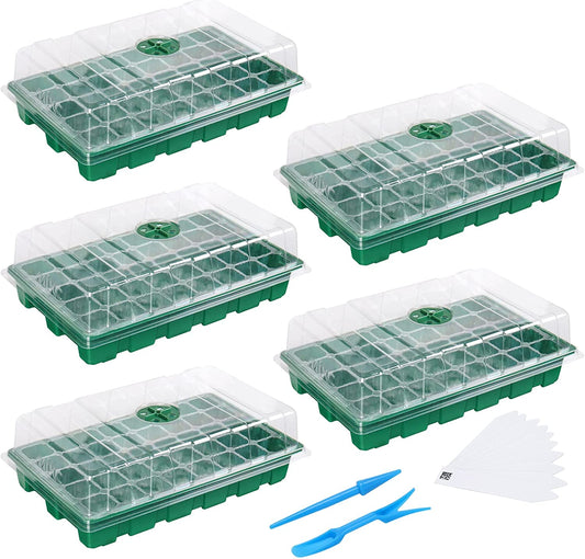 Seedling Trays Seed Starter Tray, 5-Pack Mini Propagator Plant Greenhouse Grow Kit with Humidity Vented Domes and Base for Seeds' Starting (40 Cells Per Tray, Total 200 Cells), Green