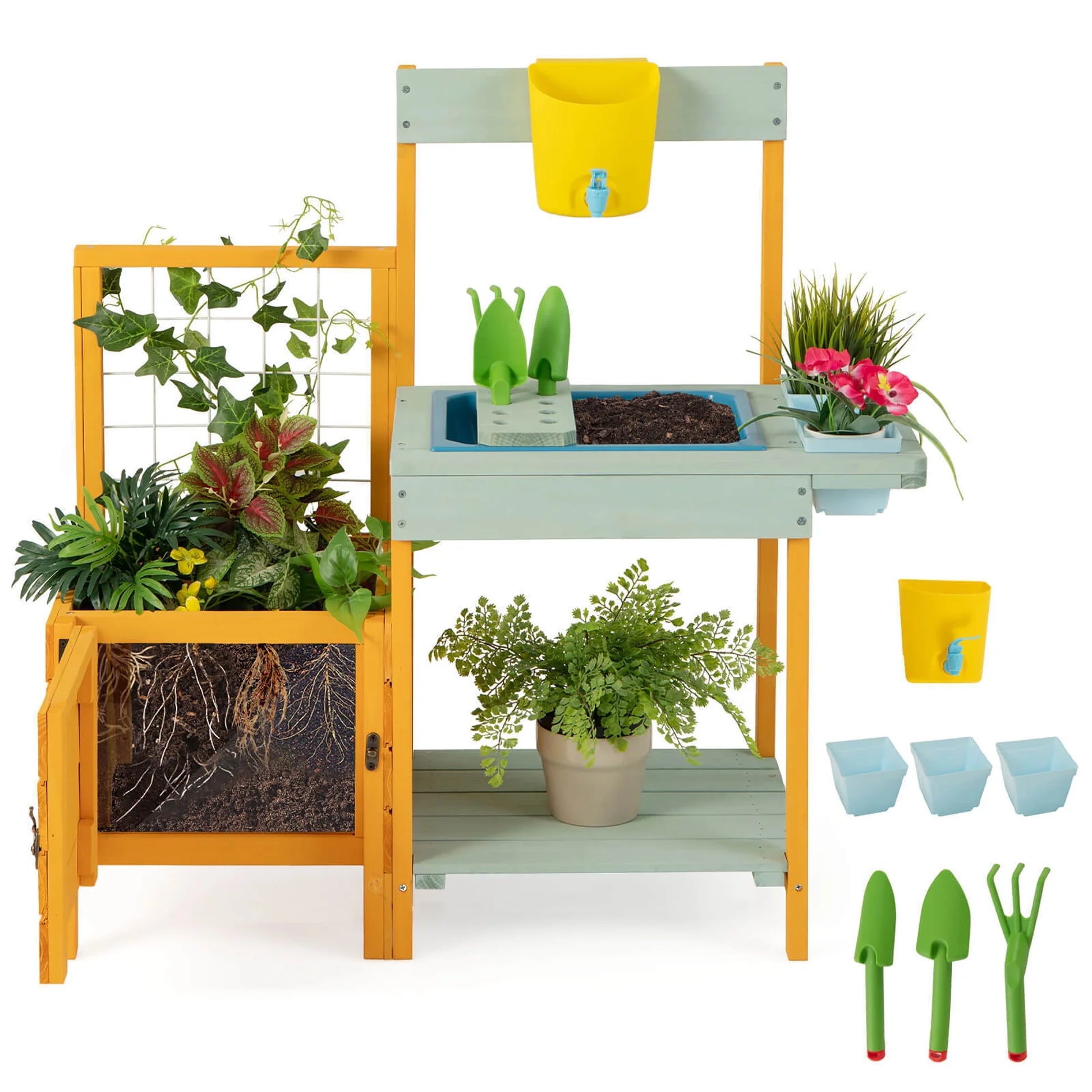 Wooden Potting Bench for Kids w/ See-Through Window Planter Box Garden Trellis