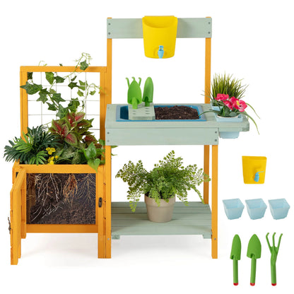 Wooden Potting Bench for Kids w/ See-Through Window Planter Box Garden Trellis
