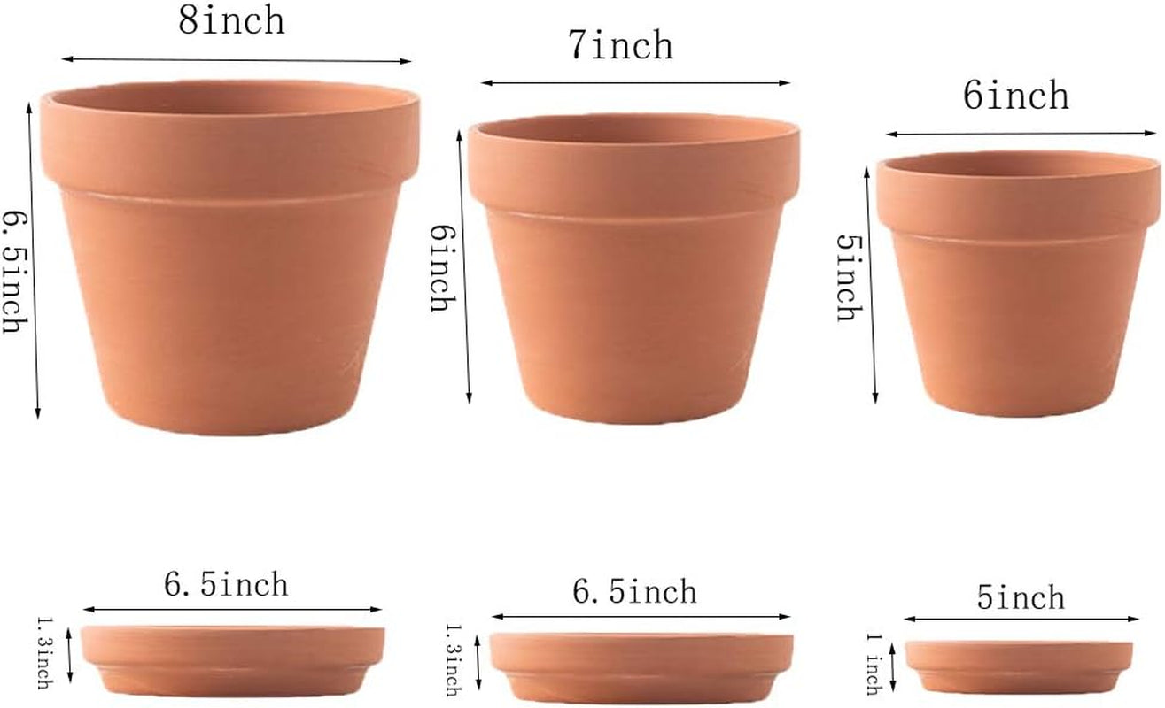 Large Terracotta pos with Drainage Hole and Saucers,Ceramic Clay Planter Pots for Indoor/Outdoor Plants,6 Inch & 7 Inch & 8 Inch,Set of 3
