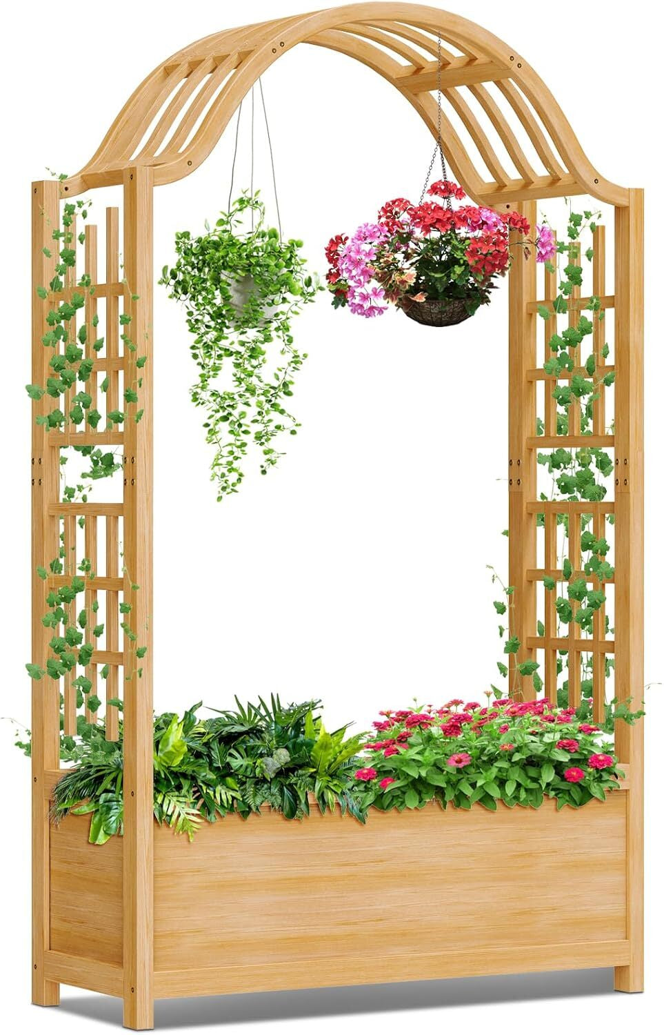 SLSY Raised Garden Bed with Trellis Wood Planter Box w/Hanging Roof Side Trellis