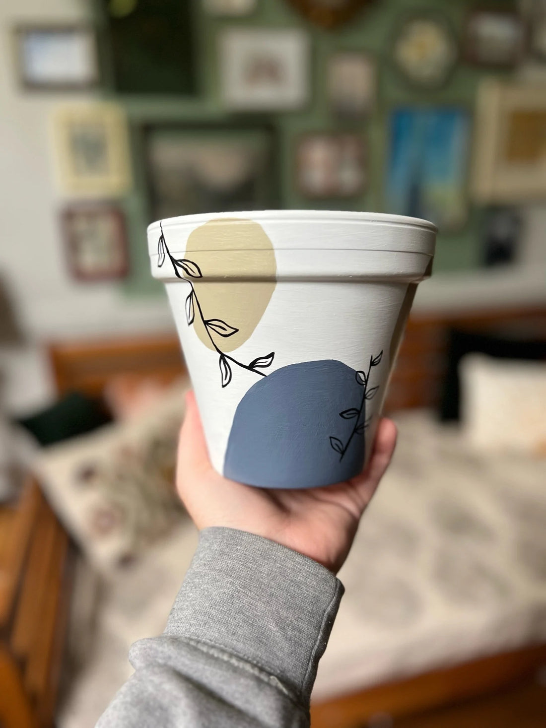 Spotted Floral Hand Painted Pot — White/Blue/Tan | Drainage | Indoor Planter | Terracotta Pot | Gift for Plant Lovers | Plant Home Decor