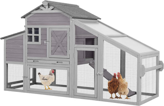Chicken Coop Mobile Chicken House on Wheels Expandable Wooden Poultry Cage with Large Nesting Box Leakproof Pull-Out Tray Rabbit Hutch Bunny Cage,UV-Resistant Roof，Grey