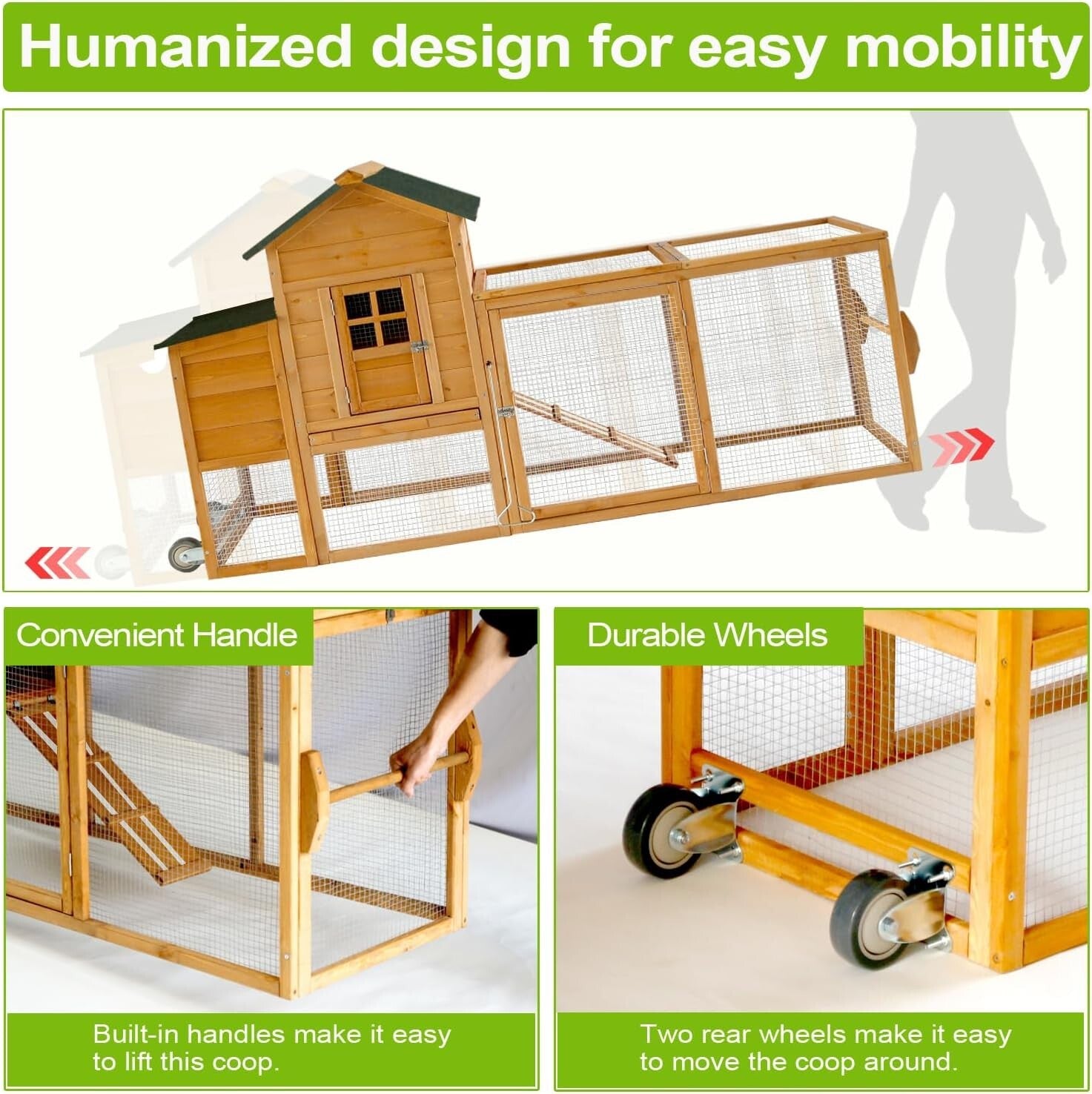 80'' Chicken Coop with Wheels,Mobile Chicken House for 2-4 Chickens w/Nest box