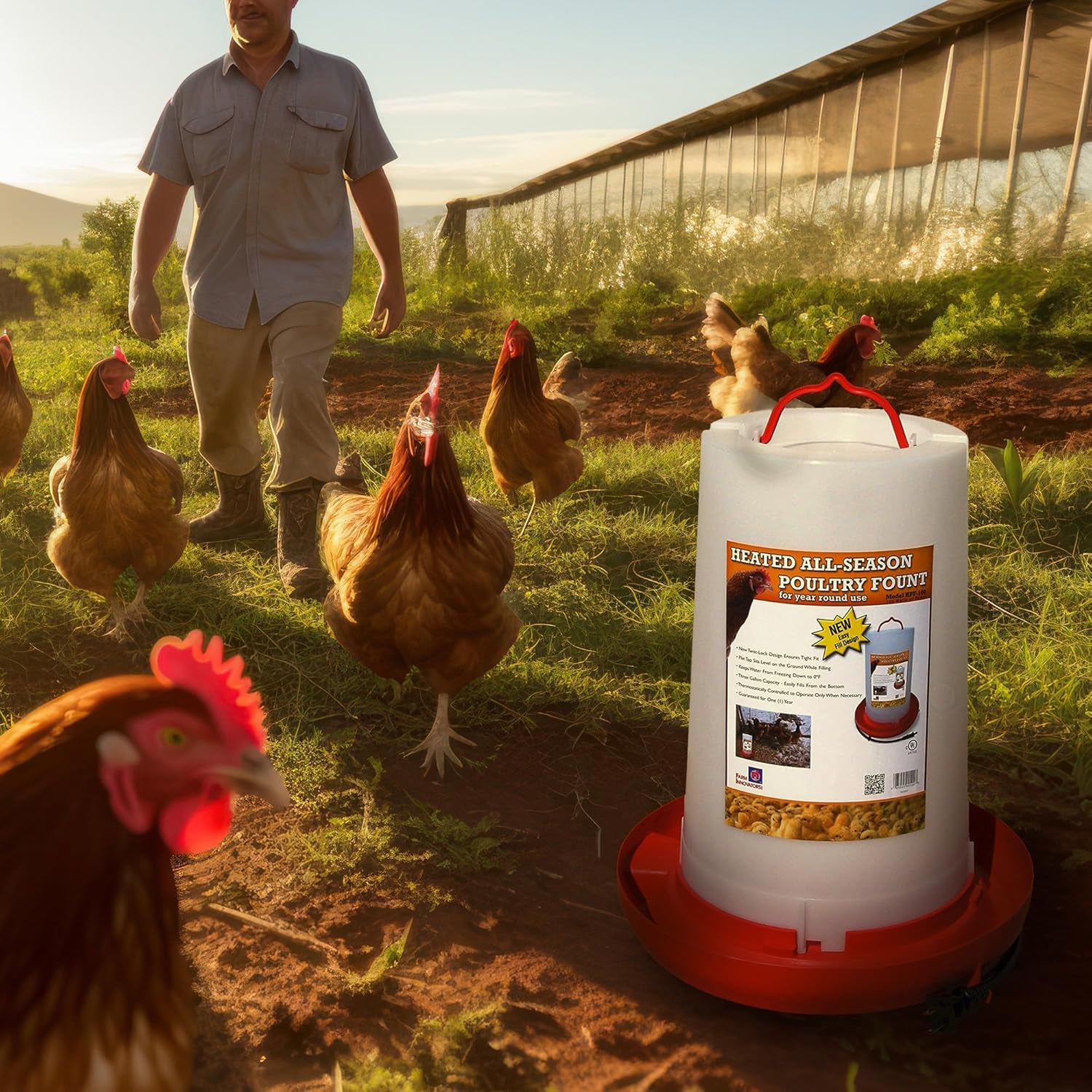 Heated Chicken Waterer, Hanging Poultry Water Fountain, 3 Gallon, Red - Plastic Water Dispenser with Heater for Chicks, Chickens, and Livestock