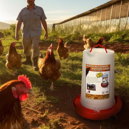 Heated Chicken Waterer, Hanging Poultry Water Fountain, 3 Gallon, Red - Plastic Water Dispenser with Heater for Chicks, Chickens, and Livestock