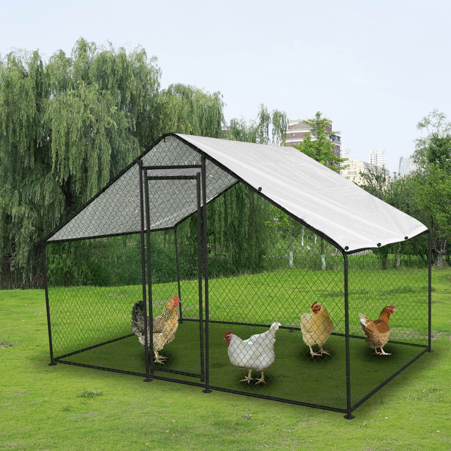 Walk-in Metal Chicken Coop 6.6x10x6.6ft Poultry Cage Hen House w/Cover Large