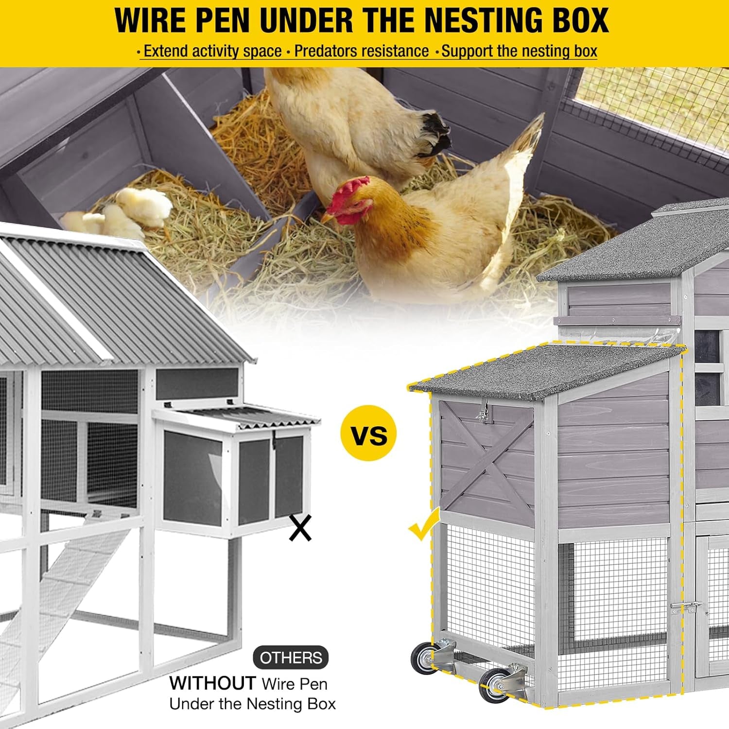 Chicken Coop Mobile Chicken House on Wheels Expandable Wooden Poultry Cage with Large Nesting Box Leakproof Pull-Out Tray Rabbit Hutch Bunny Cage,UV-Resistant Roof，Grey