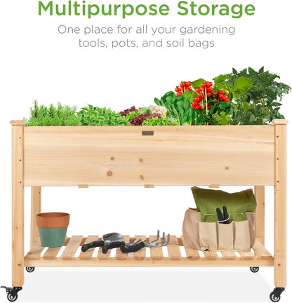 Raised Garden Bed 48x24x32-inch Mobile Elevated Wood Planter w/Lockable Wheels, Storage Shelf, Protective Liner - Natural