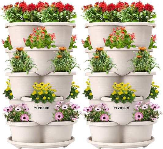 2-Pack 5 Tier Vertical Gardening Stackable Planter for Strawberries, Flowers, Herbs, Vegetables, Ivory