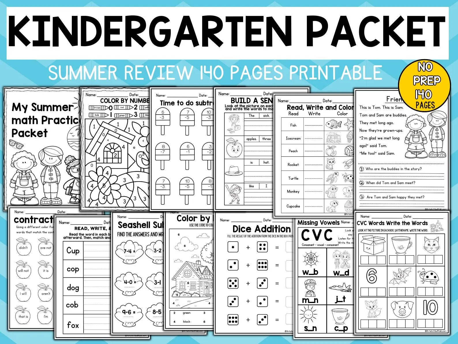 140 Kindergarten Summer Worksheet Packet Activity Bundle End of the Year Math Reading Activities Worksheets First Grade Summer Packet Fun