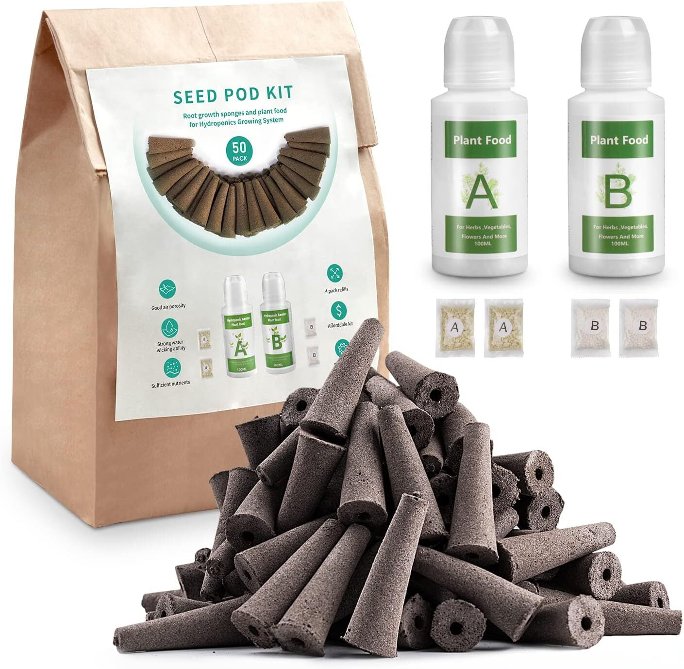 Grow Sponge Hydroponics Replacement Seed Starter Pods Plug Root Growth Kit