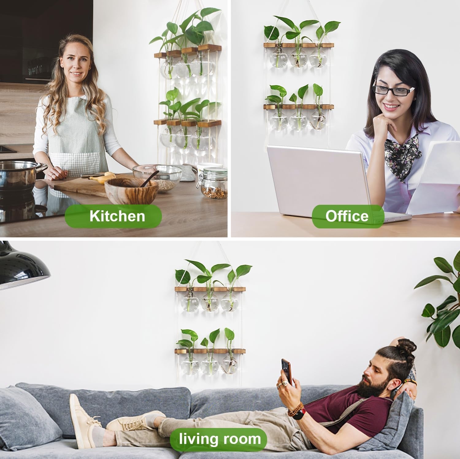 Plant Propagation Station Wall Hanging, Plant Terrarium with 2 Tiered Wooden Stand for Hydroponics Plants, Unique Gardening Gifts for Women Mom Plant Lovers - 6 Bulb Glass Vases