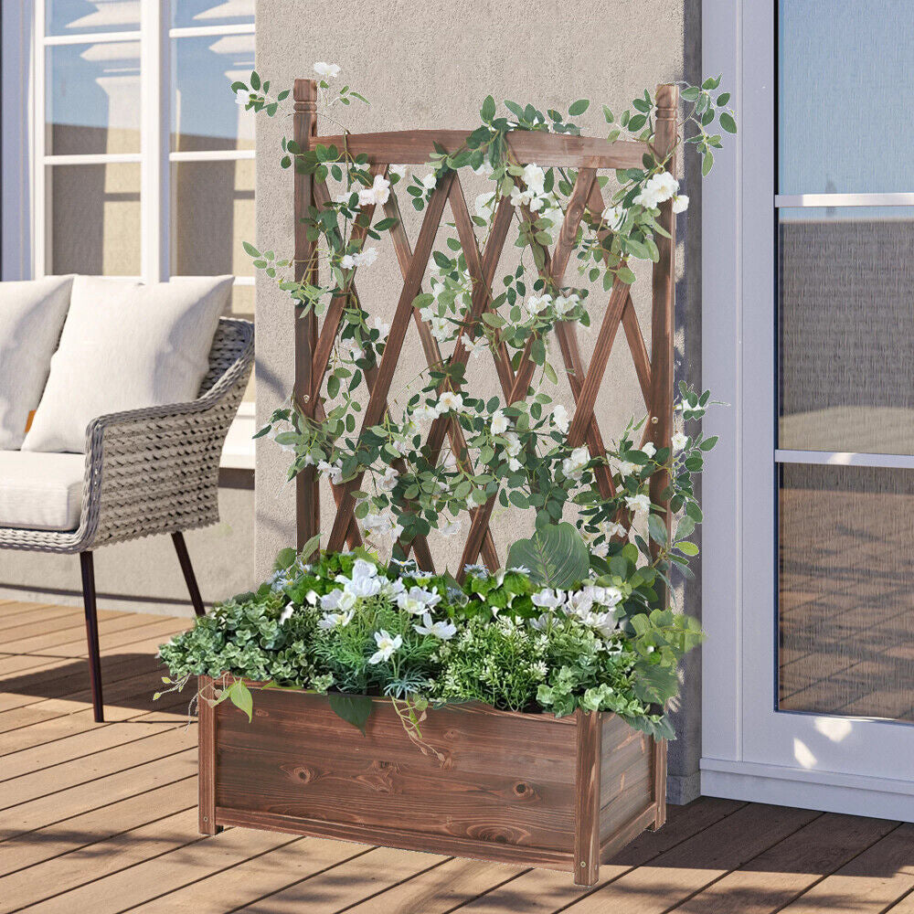 Rustic Wooden Raised Garden Bed Vegetable Planter Grid Box with Climbing Trellis