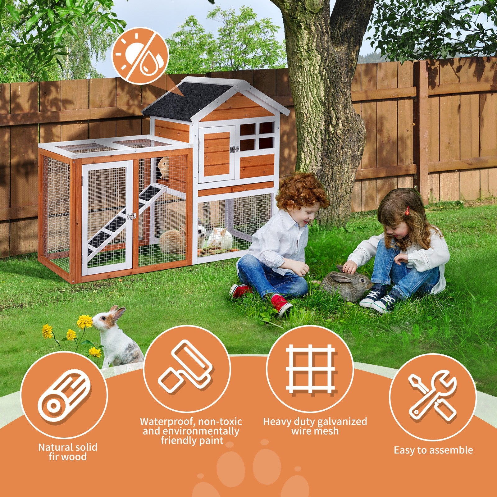 47" Wooden Rabbit Hutch Outdoor Chicken Coop Indoor Bunny Cage Pet House w/ Run