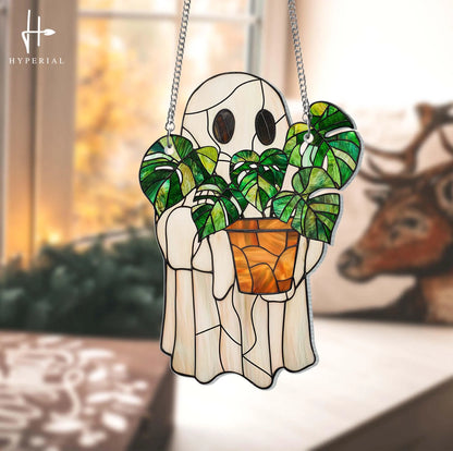 Cute Ghost Plant ACRYLIC Suncatcher, Ghost and Monstera Acrylic Ornament, Halloween Ghost Window Hangings, Plant Lovers Gift, Gift For Mom