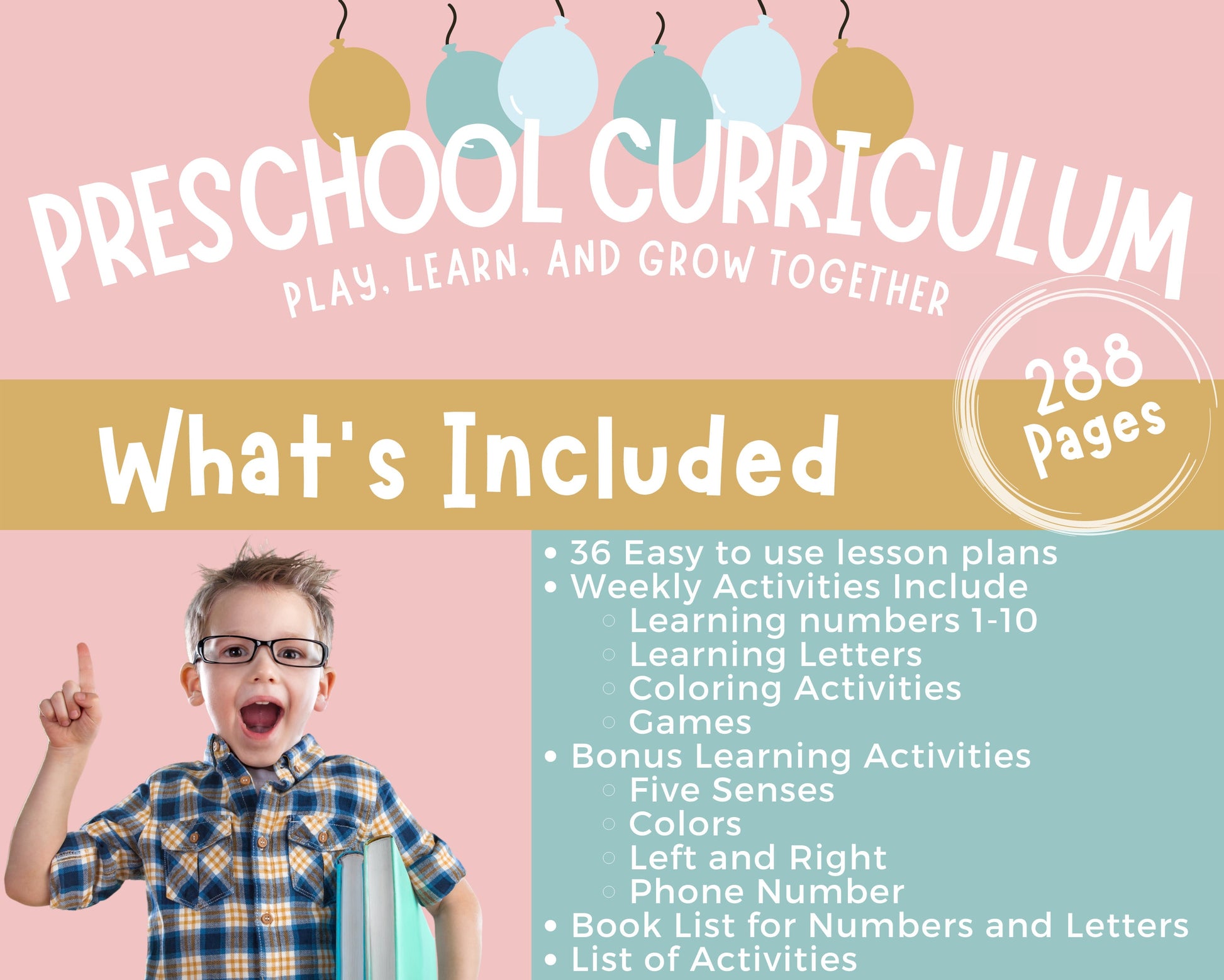 Preschool Curriculum Printable for Homeschool, teach letters, numbers, colors and phone number at home program