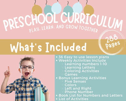 Preschool Curriculum Printable for Homeschool, teach letters, numbers, colors and phone number at home program