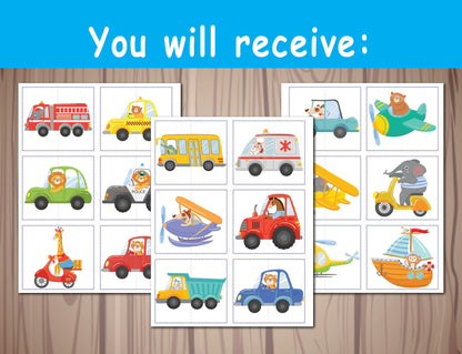 Transportation Matching Game, Symmetry Cards, Toddler Matching Activity, Preschool Learning, Montessori Material, Homeschool Resource
