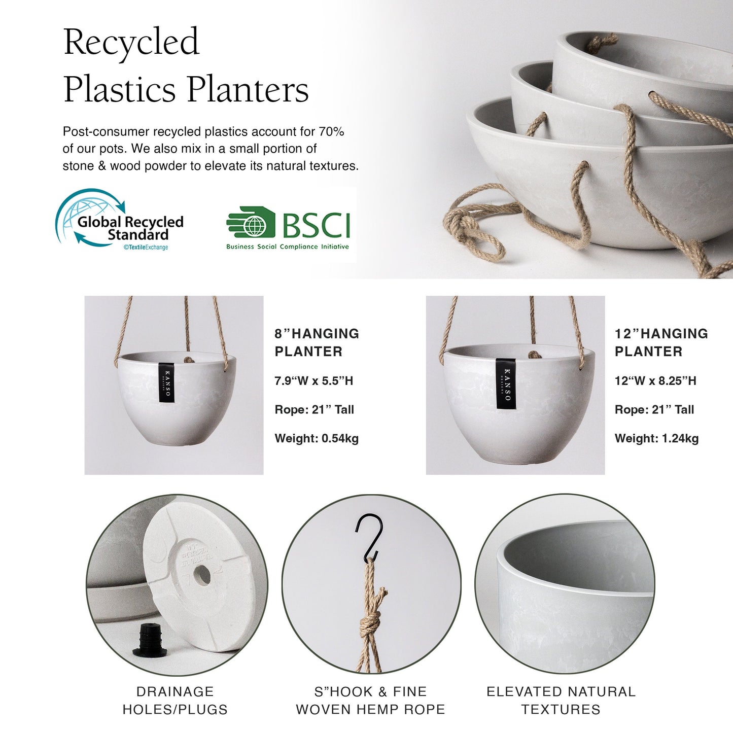 Hanging Planter Pot with Drainage Hole | Indoor Hanging Pots| 8" or 12" Succulent Plant Pot | Imitation Concrete Ceramic Hanging Planter Pot