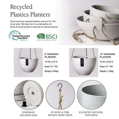 Hanging Planter Pot with Drainage Hole | Indoor Hanging Pots| 8" or 12" Succulent Plant Pot | Imitation Concrete Ceramic Hanging Planter Pot