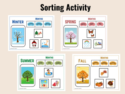 Seasons Printable for kids, Months of the Year Matching Game, Four Seasons busy book, Montessori Printable homeschool Preschool Kindergarten