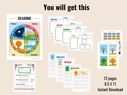 Seasons Printable for kids, Months of the Year Matching Game, Four Seasons busy book, Montessori Printable homeschool Preschool Kindergarten
