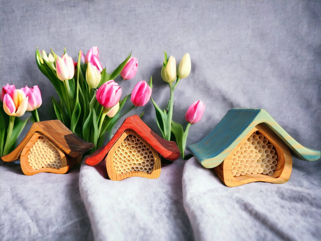 Colored Handcrafted Mason Bee Hotel for a Sustainable Garden- A home for your mason bees - Whimsical, fairy, Cottage Core - Red, Teal, Brown