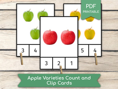 Counting Apple Varieties (1 to 10), Montessori Cards, Preschool Counting Activity, Homeschool Learning Activity, PDF Printable Clip Cards