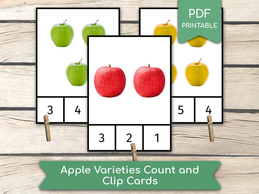 Counting Apple Varieties (1 to 10), Montessori Cards, Preschool Counting Activity, Homeschool Learning Activity, PDF Printable Clip Cards